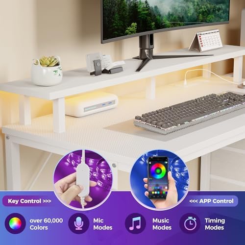 59" Reversible Gaming Desk with LED Lights Power Outlets, White - Image 4