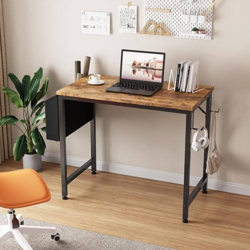Lufeiya Small Desk for Small Spaces, 32 Inch Kids Girls Study Writing Desks for Bedroom, Simple Modern Laptop PC Little Side Table with Storage Bag Headphone Hooks, Rustic Brown - Image 2