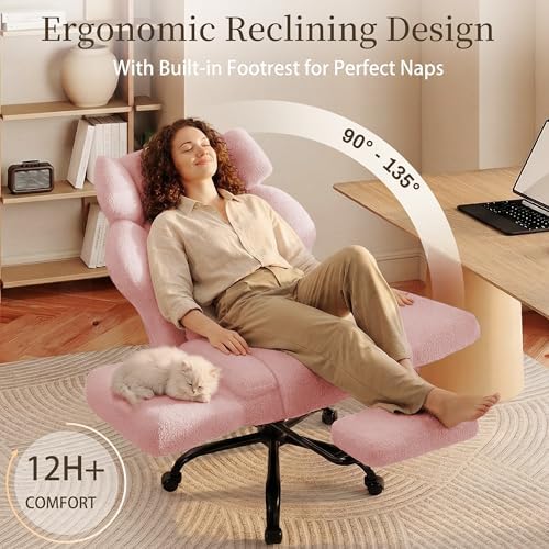 Office Chair with Flip Armrests,Big and Tall Office Chair with Foot Rest,Extra Wide Seat & Lumbar Pillow,Comfy Criss Cross Chair for Pets Sitting,Ergonomic Computer Gaming Chair,Teddy Fleece,Pink - Image 6