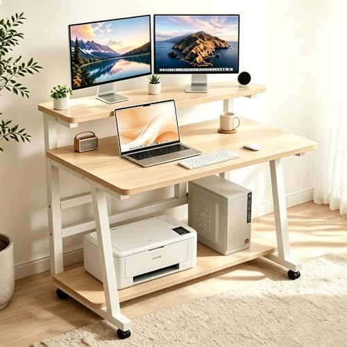 47.2 Inch Compact Rolling Computer Desk with Tier Worktable & Lockable Wheels, Small Computer Desk, Small Desk for Bedroom, Mobile Writing Workstation Easy Assembly for Home Office Small Spaces - Image 2