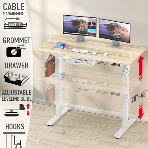 SHW 55 x 28 Electric Height Adjustable Standing Desk w/Drawer, Maple - Image 4