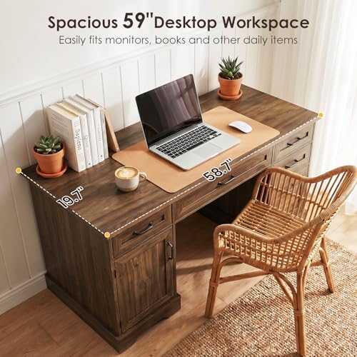 OffiGo Farmhouse 59 Inch Executive Desk with Drawers, Walnut - Image 4