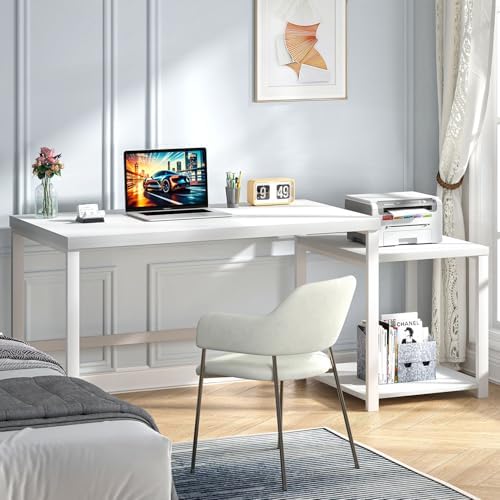 FOLUBAN Large White Computer Desk, Home Office Desk with Printer Space & PC Tower Stand, Modern Study Writing Table Workstation for Living Room Bedroom, 63 Inch - Image 3