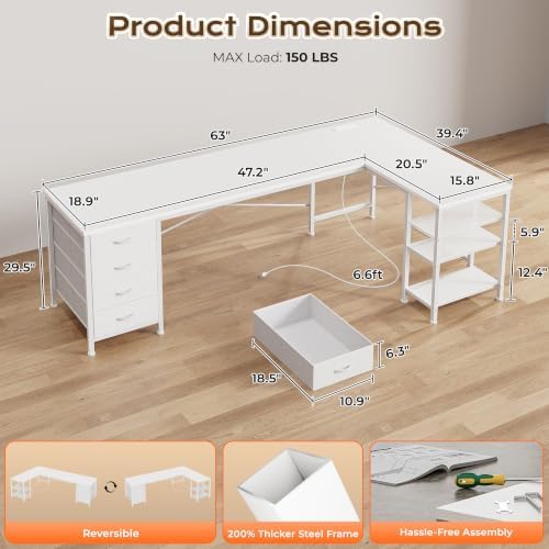 Huuger 63 Inch L Shaped Desk with Fabric Drawers, Reversible Computer Gaming Desk with Power Outlets and USB-C Port, Adjustable Side Storage Shelves, for Work Study Corner Home Office, White - Image 3