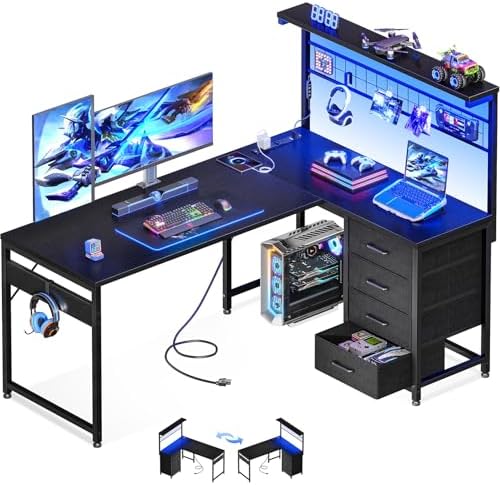 MOTPK 51" L Shaped Gaming Desk with Shelf & 4 Drawers, Black by MOTPK