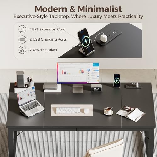 Mericonia 63x28 Inch Computer Desk w/Power Outlets, 1.2" Thick Office Table - Image 5