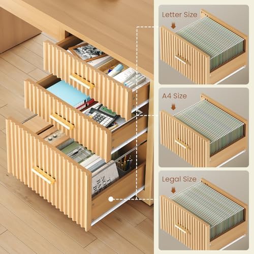 SEDETA Fluted L Shaped Electric Standing Desk, 63" x 67" Height Adjustable Home Office Executive Desk with Drawers and Shelves, Two Person Desk with Power Outlet for Home Office, Oak - Image 5