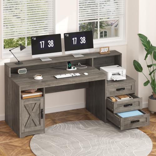 65" Farmhouse Computer Desk with Drawers and Printer Stand for Home Office - Image 3