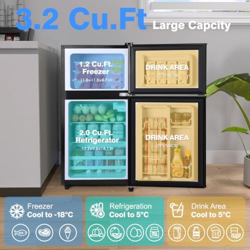 OSTBA Mini Fridge with Freezer - 3.2 Cu.ft 2-Door Upright Freezer, Compact Refrigerator with 2 Removable Shelves 7 Level Adjustable Thermostat, Removable Shelves for Bedroom Office Apartment, Black - Image 2
