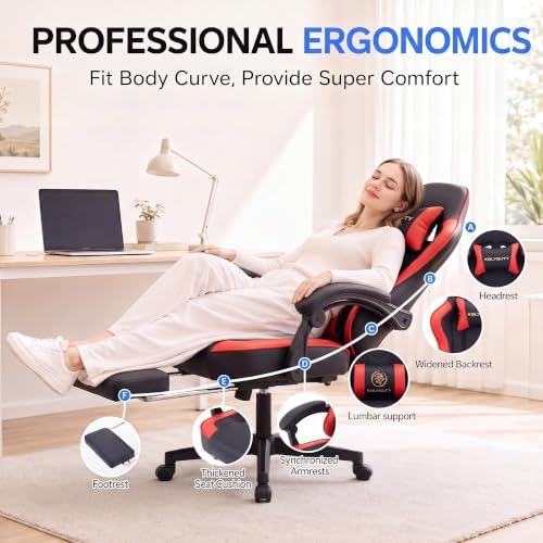 Desk Computer Gaming Chair - High Back Ergonomic Office Chair with Footrest and Lumbar Support, Swivel Comfy Home Gamer Video Game Chairs with Pocket Spring Cushion for Adults (Red Leather) - Image 4