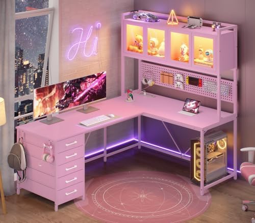 SEDETA L Shaped Gaming Corner Desk with Drawers, Hutch and Storage Shelves by SEDETA