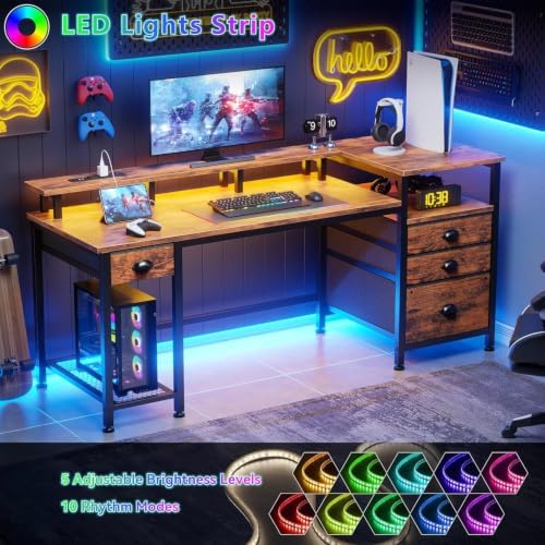 Furologee 60" Computer Desk with 4 Drawers, Power Outlet, LED, Rustic Brown - Image 5
