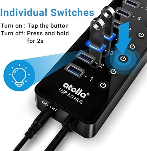 Power USB Hub 3.0, atolla 16 Port USB Splitter with 12V/6A Power Adapter and Individual Switches, High-Speed Data Transfer for Laptop, PC, Mac, and More Devices - Image 2