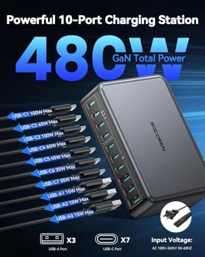 Rocoren 480W GaN 10‑Port Charging Station, PD 100W Fast USB‑C Charger Hub - Image 2