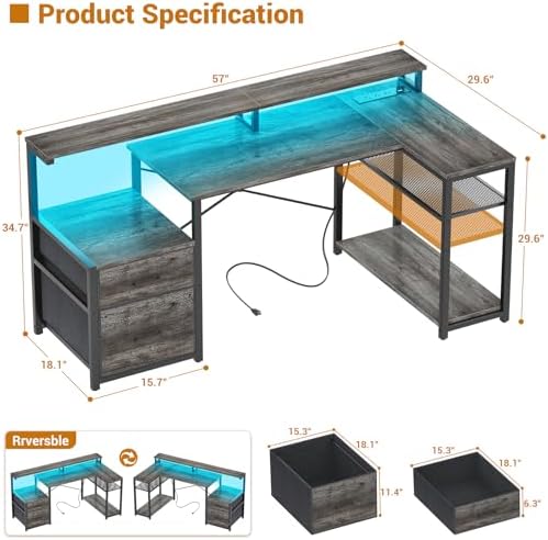 Aheaplus L Shaped Desk with File Drawer, Reversible L Shaped Gaming Desk - Image 2