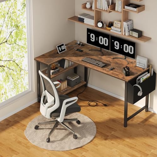 Lufeiya L Shaped Computer Desk with Power Outlet Shelves, 47 Inch Corner Desk for Home Office Bedroom, L-Shaped Study Writing Working PC Desks, Rustic Brown - Image 2