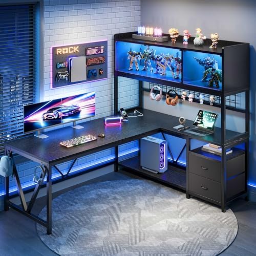 L Shaped Gaming Desk with Fabric Drawers and Power Outlet, Corner Computer Desk with LED-Lit Tempered Glass Display Cabinet, L Shaped Office Desk with Storage,PC Desk for Gaming and Home Office, Black by JOCOEVOL