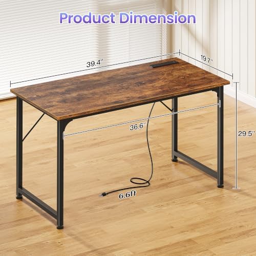 PRAISUN 40 X 20 Inch Computer Desk, Power Outlets, USB-C, Rustic Brown - Image 3