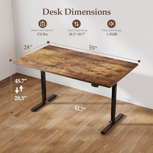 Klicelor 55 x 28 Electric Standing Desk, Sit Stand Up Home Office Desk, Height Adjustable Deep Cumputer Table with Memory Presets and Hooks, Two Pieces, Rustic Brown - Image 3