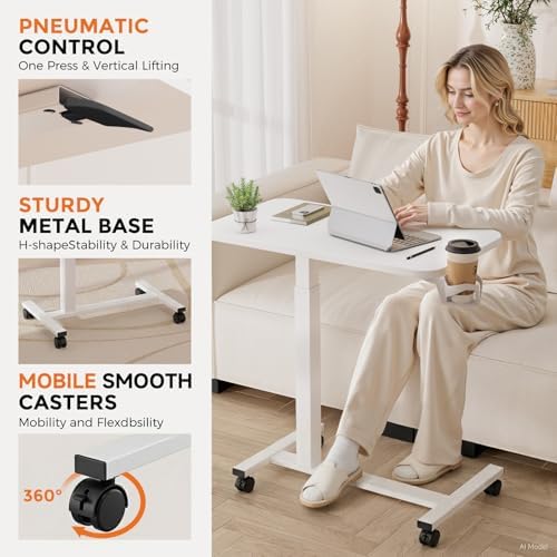 GTPLAYER Small Standing Desk with Lockable Wheels, Pneumatic Mobile Rolling Laptop Desk,Adjustable Height Overbed Bedside Table Computer Workstation for Home Office (28" W x 16" D, Matte White) - Image 6