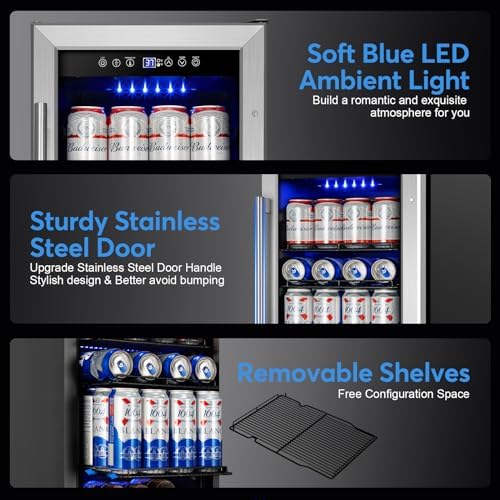 Beverage Refrigerator 15 Inch Wide, Upgrade Beverage Cooler With Glass Door,90 Can Beverage Fridge Capacity, Built-In Or Freestanding, Temperature Memory, Reversible Door, Perfect For Soda, Beer - Image 6
