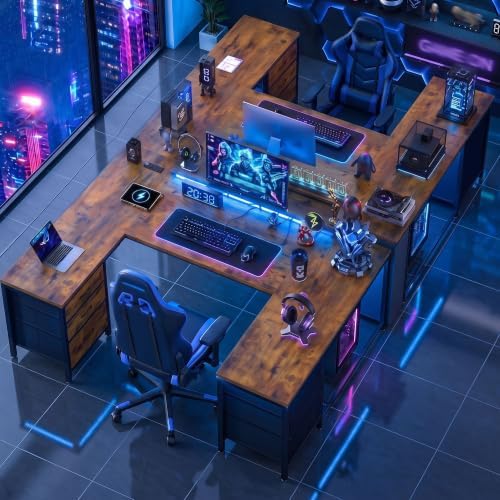 DurayLoly 67" Large Gaming Desk with Power Outlets for Bedroom,Brown - Image 3