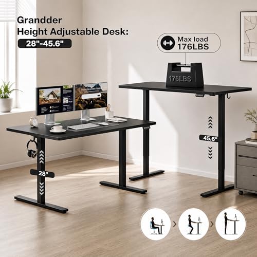 Grandder 55x32 Large Electric Standing Desk, Height Adjustable Computer Desk with 2 Memory Presets, 31.5" Deep Desktop Sit Stand Desk Home Office Desk Workstation Table with Hooks, Black - Image 4