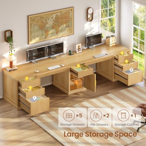 SEDETA Fluted 110.3" Two Person Long Desk with 7 Drawers, Oak - Image 4