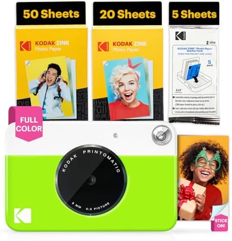 Kodak Printomatic Full-Color Instant Print Digital Camera - 75 Sheets Bundle - Prints On Zink 2x3 Sticky-Back Photo Paper - 5MP, Portable, Creative Fun Gift for Birthday, Christmas, Holiday - Green by Unknown