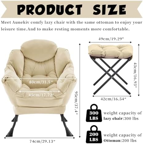 Lazy Chair with Ottoman, Comfy Reading Chair, Khaki - Image 2