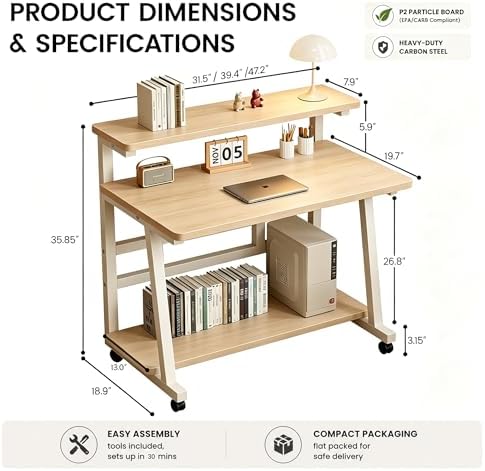 47.2 Inch Compact Rolling Computer Desk with Tier Worktable & Lockable Wheels, Small Computer Desk, Small Desk for Bedroom, Mobile Writing Workstation Easy Assembly for Home Office Small Spaces - Image 3