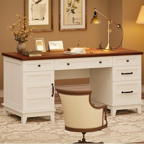 60" Executive Desk with Power Outlet, Home Office Desk with Drawers, Wooden Work Desk with File Cabinet, Computer Desk for Work, Study, Writing, White and Brown - Image 5