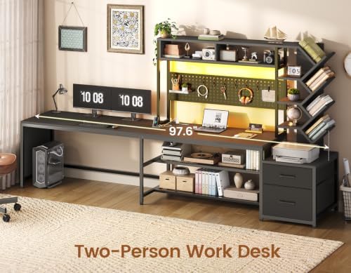 SEDETA L Shaped Gaming Desk with Hutch, Convertible 97.6" Two Person Office Desk with Drawers and Bookshelf, Corner Computer Desk with Power Outlet, LED Lights, Black - Image 3