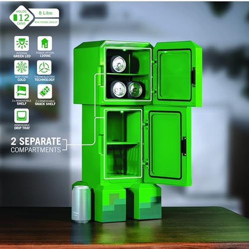 Minecraft Legends Creeper Mini Fridge – 12 Can 8L Portable Cooler with LED Lights, AC/DC Power & Removable Shelves for Gaming Rooms, Dorms & Offices - Image 2