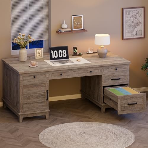 Garvee 60" Wooden Home Office Desk with File Drawers, Executive Desk with Adjustable Cabinet, Farmhouse Wood Desk with Power Outlet, Distressed Study and Work Table, Rustic Grey - Image 5