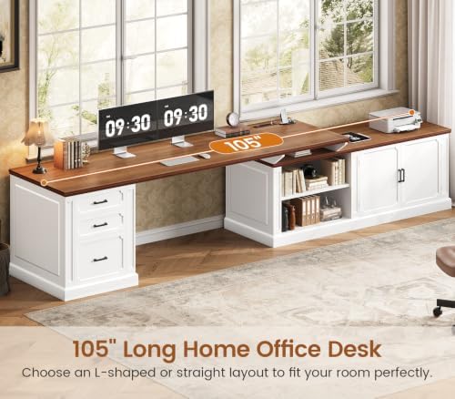 SEDETA Farmhouse L Shaped Desk with Drawers, 70.9" Home Office Desk with Storage Cabinet and Storage Shelves, L Shaped Computer Desk with Power Outlet，White+Brown - Image 3