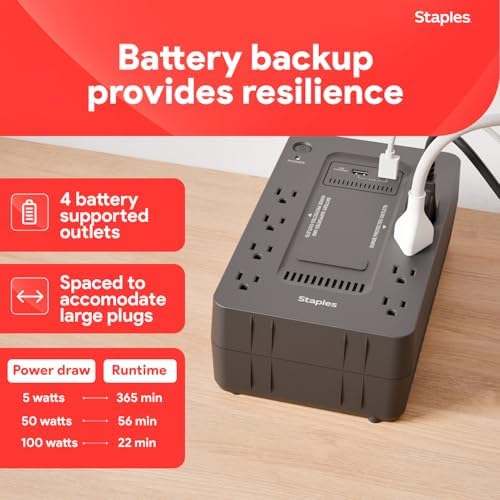 Staples TECH 650VA UPS Battery Backup, 8 Outlets, Surge Protection, Black - Image 4