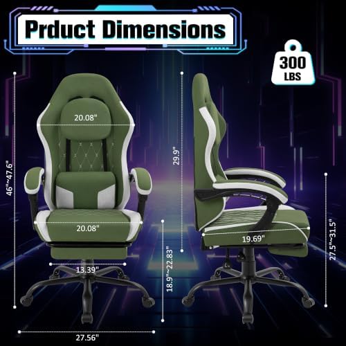 Gaming Chair with Footrest, Ergonomic Fabric Desk Chair, Dark Green - Image 3