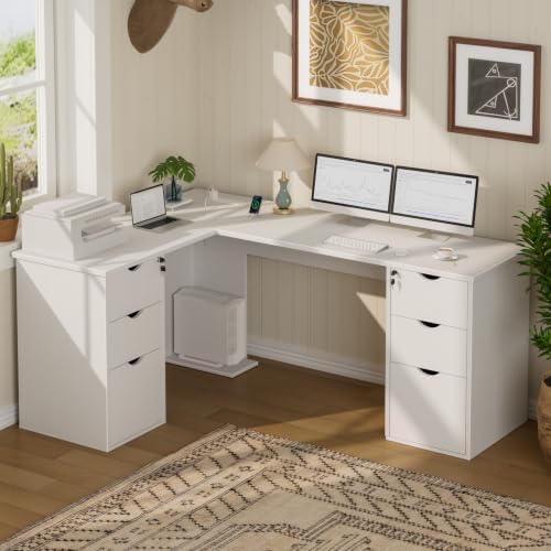 66" L Shaped Desk with 6 Lockable Drawers, White Corner Executive Desk - Image 4