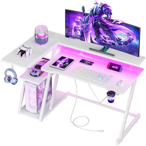 Korfile 40 Inch Gaming Desk with Power Outlet & LED Lights, L Shaped Computer Gaming Table with 3 Tiers Storage Shelves, Corner Gamer Desk with Monitor Stand for Small Space, Carbon Fiber White by Korfile