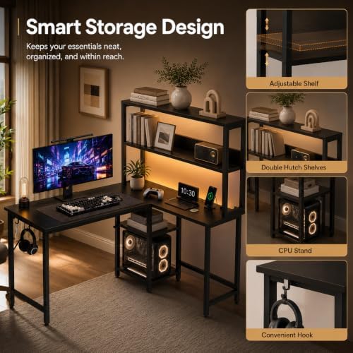 HealSmart L Shaped Desk Gaming Desk with LED Light & Power Outlet, 53 Inch Reversible Computer Table with Shelf & Storage Shelves & Hook, Corner Desk for Home Office, Black - Image 3