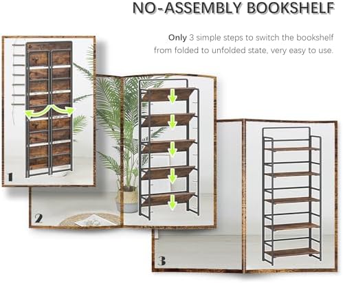 4NM No Assembly 5 Tier Folding Bookshelf Tall Storage Shelves Vintage Bookcase Standing Racks Study Organizer Home Office - Image 6