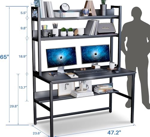 Aquzee Computer Desk with Hutch and Bookshelves, Large Leg Room 47 inch Width Black Desk with Space Saving Storage Shelves for Home Office,Study, Work, Easy Assemble - Image 3