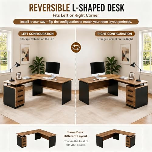 63 Inch L-Shaped Executive Desk, Industrial Modern Wood Office Desk with Locking Drawers, Built-in Cable Management & Power Outlet, Real Wood Finish, Reversible Left/Right Return Home Workstation - Image 4