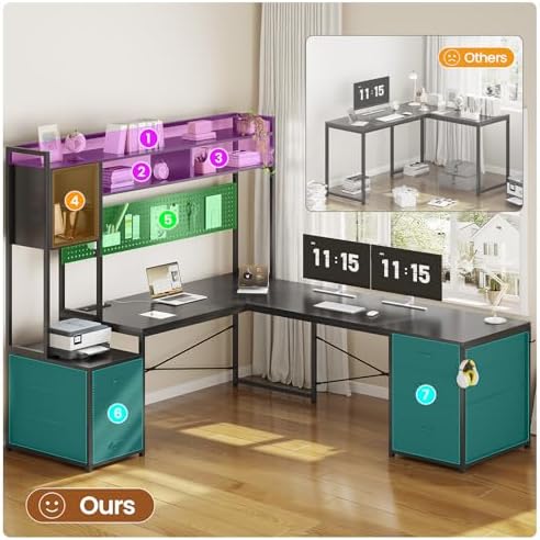 SEDETA Reversible L Shaped Gaming Desk with 6 Drawers, Hutch, Led Lights - Image 4