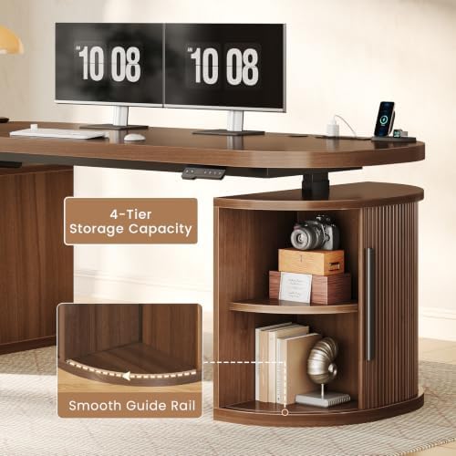 SEDETA 57" Standing Desk with Storage, Electric Height Adjustable Executive Fluted Desk with Curved Cabinets, Computer Desk with Power Strip for Home Office, Brown - Image 6