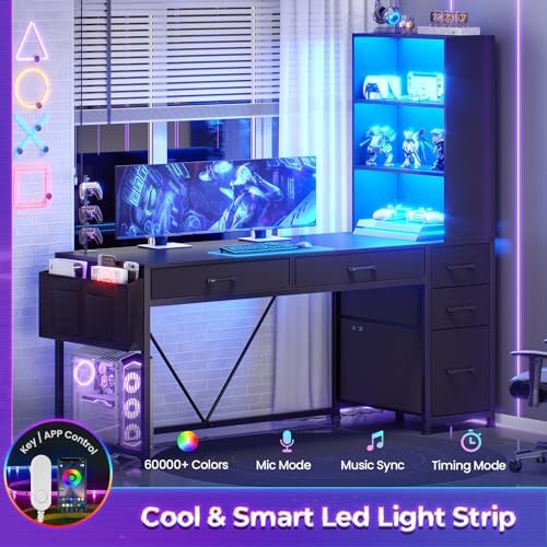 SEDETA Computer Gaming Desk with 5 Drawers and Bookshelf, Reversible Home Office Desk with Storage Shelves and File Drawer, Corner Desk with LED Lights for Small Spaces, Black - Image 4