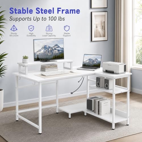 DEVAISE 47" L Shaped Gaming Desk with LED Lights and Power Outlets - Spacious Corner Computer Table with Monitor Stand and Storage Shelves for Work and Gaming, White - Image 3