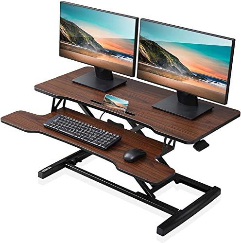 FITUEYES Height Adjustable Standing Desk 36” Wide Sit to Stand Converter Stand Up Desk Tabletop Workstation for Laptops Dual Monitor Riser Brown SD309102WE by FITUEYES