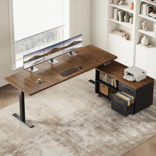 OffiGo 63" L Shaped Electric Standing Desk with Cabinet Sets, Walnut/Black by OfficeGo-ForHomeOfficeWork